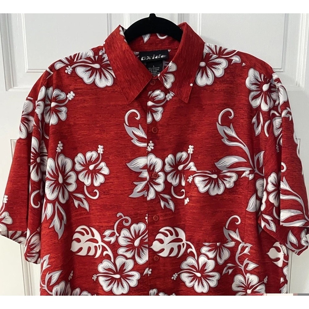 Oxide Hawaiian Button Down Shirt Size Large Red/White Floral Short Sleeve Pocket